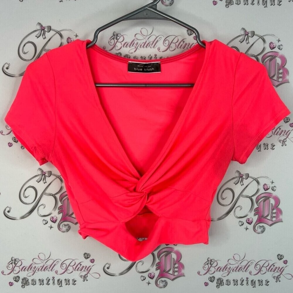 Blue Blush top cropped twist opening bright neon pink Coral Twist-Front Blouse